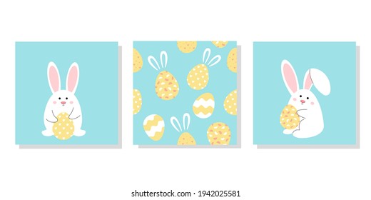 Vector hand-drawn cards with Easter eggs and Easter bunnies. Happy easter. Hello Easter. Postcards in bright colors. Banners, posters