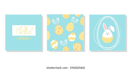 Vector hand-drawn cards with Easter eggs and Easter bunnies. Happy easter. Hello Easter. Postcards in bright colors. Banners, posters