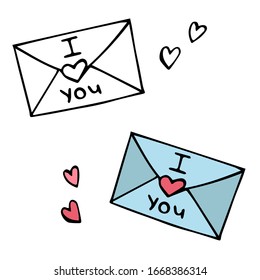 sobre de caricatura dibujado a mano vectorial con un corazón. carta de amor, declaración de amor, San Valentín. dos versiones de sobres color y blanco y negro. aislado en un fondo blanco.