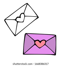 vector hand-drawn cartoon envelope with heart. a love letter, a declaration of love, valentine. two versions of envelopes are color and black and white. isolated on a white background.