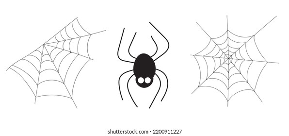 Vector hand-drawn cartoon Halloween set of elements. The collection of silk mesh of the black outline of the spider is isolated on a white background. Design of a festive poster for a party, invitati