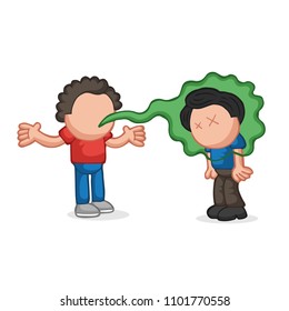 Vector hand-drawn cartoon illustration of with bad breath talking to another man.