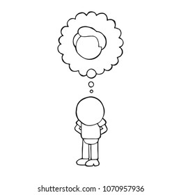 Vector hand-drawn cartoon illustration of bald man standing imagine with thought bubble of hair.