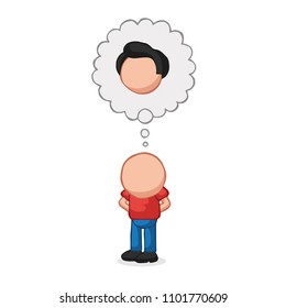 Vector hand-drawn cartoon illustration of bald man standing imagine with thought bubble of hair.