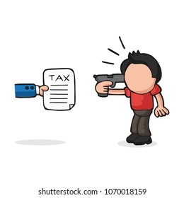 Vector hand-drawn cartoon illustration of depressed man holding gun to head presented with tax.