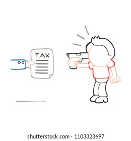 Vector hand-drawn cartoon illustration of depressed man holding gun to head presented with tax.