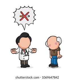 Vector hand-drawn cartoon illustration of doctor telling old patient to quit smoking cigarette.