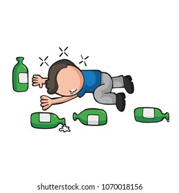 Vector hand-drawn cartoon illustration of drunk man lying on floor with empty beer bottles.