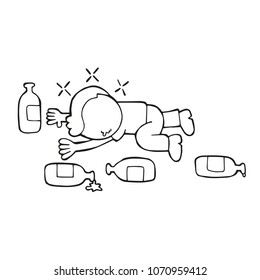 Vector hand-drawn cartoon illustration of drunk man lying on floor with empty beer bottles.