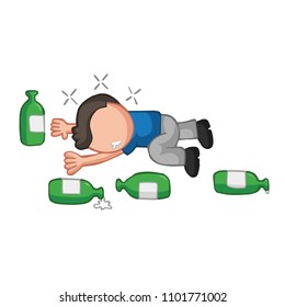 Vector hand-drawn cartoon illustration of drunk man lying on floor with empty beer bottles.