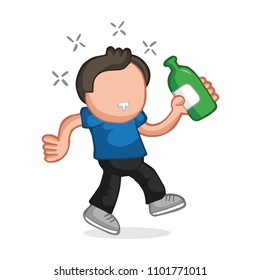 Vector hand-drawn cartoon illustration of drunk man walking holding bottle of beer.