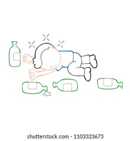 Vector hand-drawn cartoon illustration of drunk man lying on floor with empty beer bottles.