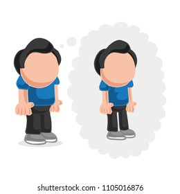 Vector hand-drawn cartoon illustration of fat man standing dreaming of being thin thought bubble