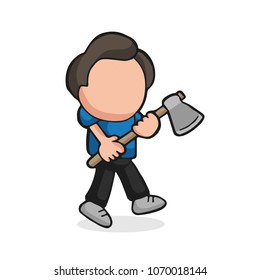Vector hand-drawn cartoon illustration of lumberjack man holding axe walking.