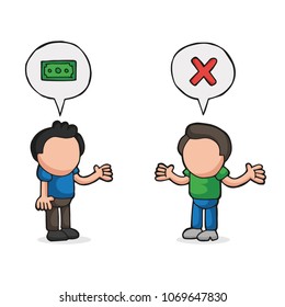 Vector hand-drawn cartoon illustration of man asking another man for money and refused.