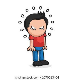 Vector hand-drawn cartoon illustration of man standing crying.