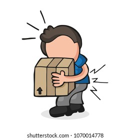 Vector hand-drawn cartoon illustration of man walking carrying heavy box and get pain from backache.