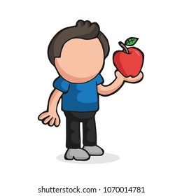 Vector hand-drawn cartoon illustration of man standing holding red apple.