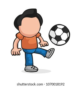 Vector hand-drawn cartoon illustration of man standing kicking playing soccer ball.