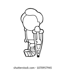 Vector hand-drawn cartoon illustration of man standing with leg in cast holding crutches.