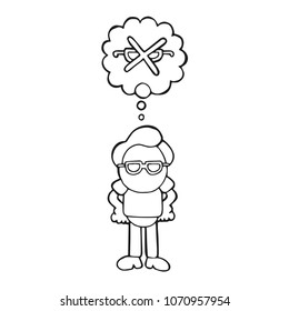 Vector hand-drawn cartoon illustration of man standing dreaming of perfect vision thought bubble.