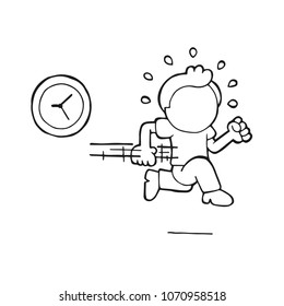 Vector hand-drawn cartoon illustration of man running late with clock.