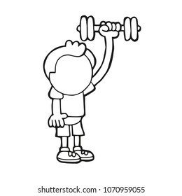 Vector hand-drawn cartoon illustration of man standing pumping dumbbells
