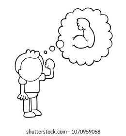 Vector hand-drawn cartoon illustration of man standing dreaming of being muscular.