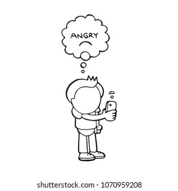 Vector hand-drawn cartoon illustration of man standing holding smartphone with angry thought bubble for bad wifi signal.