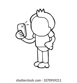 Vector hand-drawn cartoon illustration of man standing holding smartphone and taking selfie.