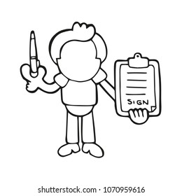 Vector hand-drawn cartoon illustration of man holding pen and clipboard of document for signing.