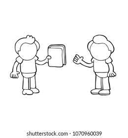 Vector hand-drawn cartoon illustration of man giving book to another man.