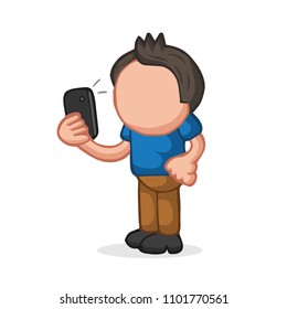 Vector hand-drawn cartoon illustration of man standing holding smartphone and taking selfie.