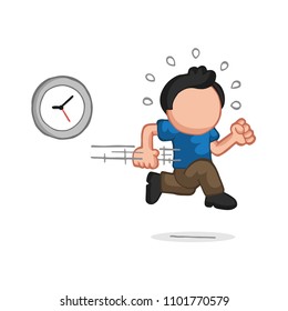 Vector hand-drawn cartoon illustration of man running late with clock.