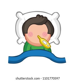 Vector hand-drawn cartoon illustration of man lying in bed sick with flu with thermometer.