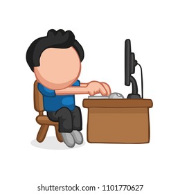 Vector hand-drawn cartoon illustration of man sitting behind desk working on computer.