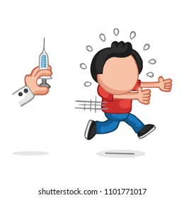 Vector hand-drawn cartoon illustration of man afraid and running from doctor's syringe.
