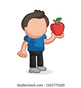 Vector hand-drawn cartoon illustration of man standing holding red apple.