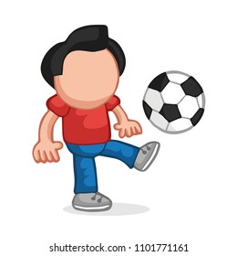 Vector hand-drawn cartoon illustration of man standing kicking playing soccer ball.