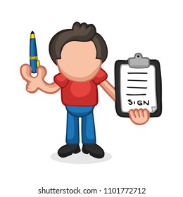 Vector hand-drawn cartoon illustration of man holding pen and clipboard of document for signing.