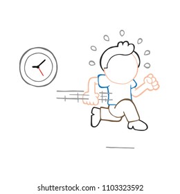 Vector hand-drawn cartoon illustration of man running late with clock.
