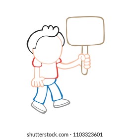 Vector hand-drawn cartoon illustration of man walking holding blank placard.