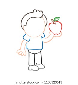 Vector hand-drawn cartoon illustration of man standing holding red apple.
