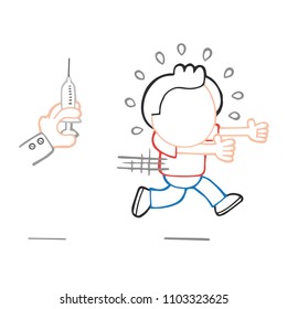 Vector hand-drawn cartoon illustration of man afraid and running from doctor's syringe.