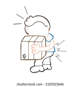 Vector hand-drawn cartoon illustration of man walking carrying heavy box and get pain from backache.