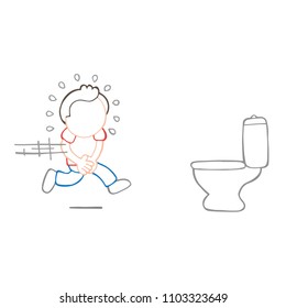 Vector hand-drawn cartoon illustration of man running to pee on toilet bowl.