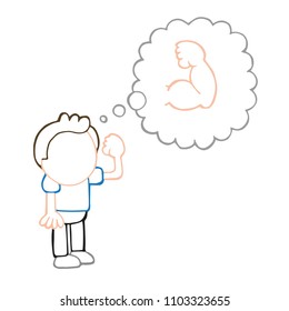 Vector hand-drawn cartoon illustration of man standing dreaming of being muscular.