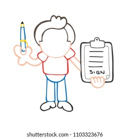 Vector hand-drawn cartoon illustration of man holding pen and clipboard of document for signing.