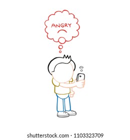 Vector hand-drawn cartoon illustration of man standing holding smartphone with angry thought bubble for bad wifi signal.