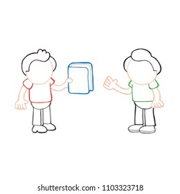 Vector hand-drawn cartoon illustration of man giving book to another man.